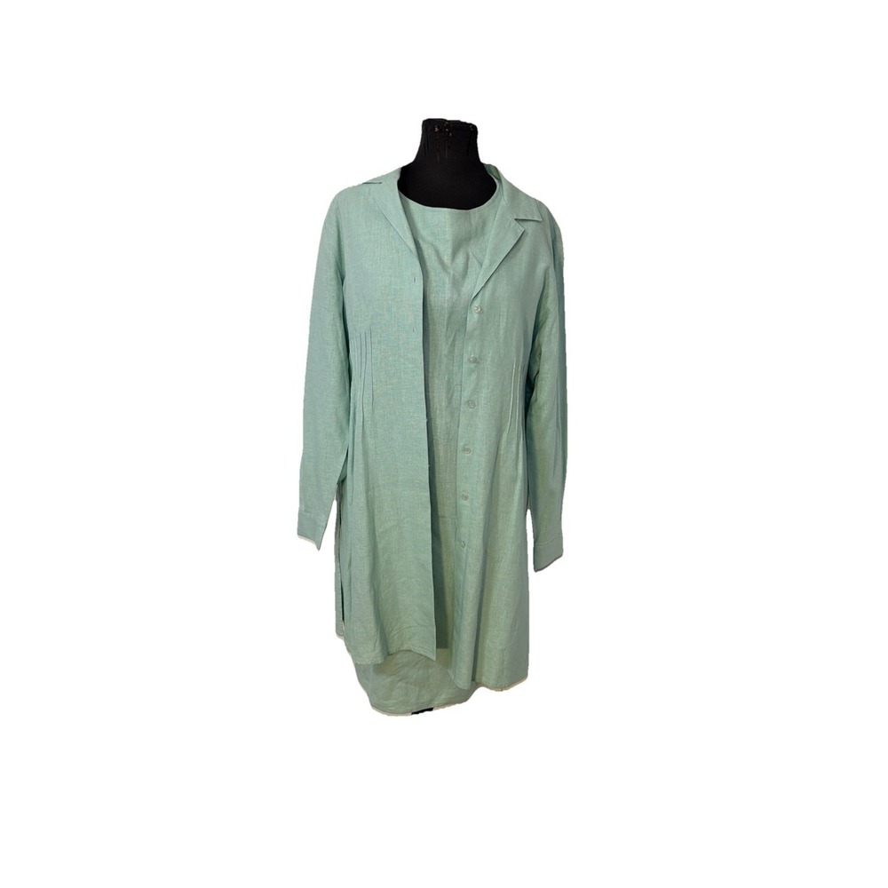 Coldwater Creek 2 Piece Green Dress Set Linen Sleeveless Long Button Down Size L - Picture 1 of 9